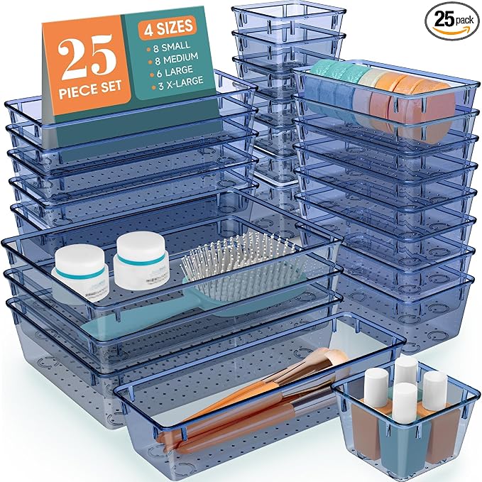 StorMiracle 25 PCS Drawer Organizer Set, 5 Varied Size Bathroom and kitchen Drawer cabinet organizer Trays, Clear Storage Bins for Makeup, Jewelry, Utensils and Gadgets, Dark Blue by StorMiracle