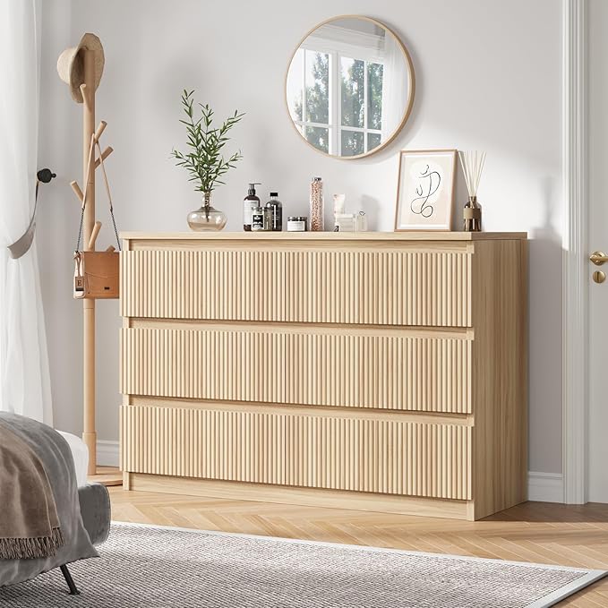 Jocoevol Oak 6 Drawer Dresser for Bedroom, Modern Fluted Dresser, Bedroom Dressers with Drawers, Large Double Wooden Chest of Drawers for Living Room, Hallway