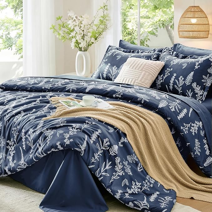 MUXHOMO Navy Blue Cal King Comforter Set, Elegant Floral Print Bed in a Bag 7 Pieces, Ultra Soft & Breathable Reversible Botanical Pattern Bedding Set with Comforter, Sheets, Pillowcases, and Shams