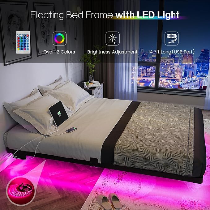 OLEVS Floating Bed Frame Queen Size with Smart LED Lights and Charging Station - Modern Metal Platform Bed, Easy Assembly No Box Spring Needed