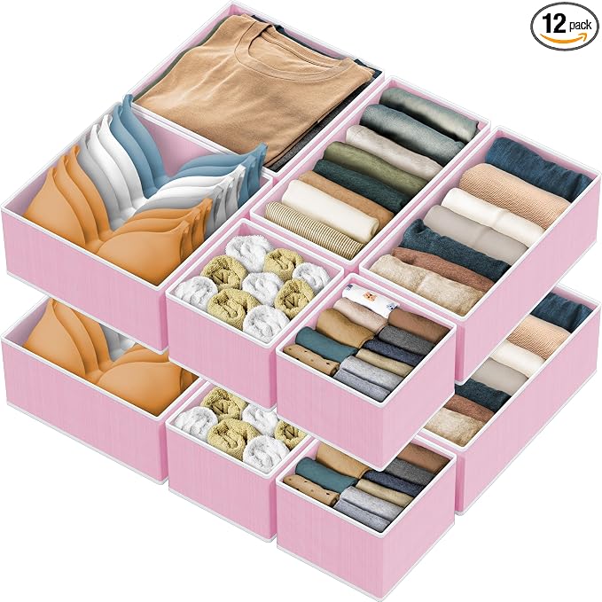 SIMPLE HOUSEWARE Foldable Drawer Organizer for Clothes/Underwear/Panty/Onesie Stocking Bin, Set of 12, Pink by SimpleHouseware