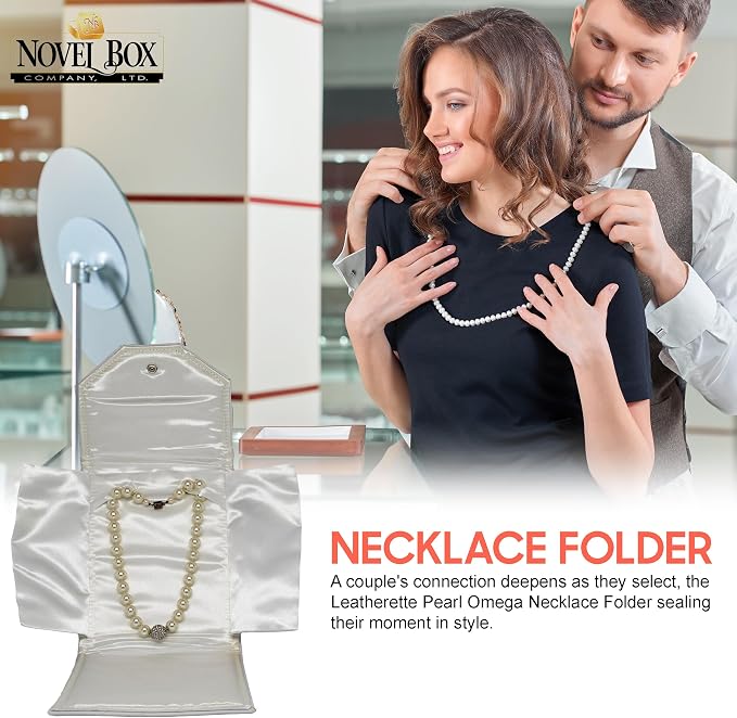 Novel Box Necklace Display Pearl Folder 7x5 inch Small Travel Jewelry Case - Wedding Jewelry Storage Holder with Smooth Finish - Jewelry Organizer Necklace Box - White/White Stitched - Image 6