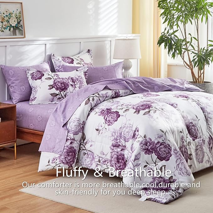 AIKASY 6-Piece Twin Size Bed in a Bag Comforter Set - Thistle Purple Floral Ensemble with Reversible Botanical Flowers Comforter, Sheets, Pillowcases & Shams