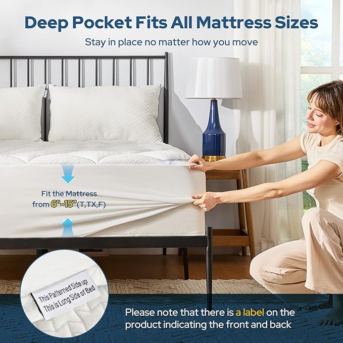 BEDLORE Waterproof Twin Mattress Pad, Quilted Fitted Mattress Topper with Deep Pocket 6"-15", Breathable & Noiseless Mattress Protector Bed Cover Padded, Machine Washable
