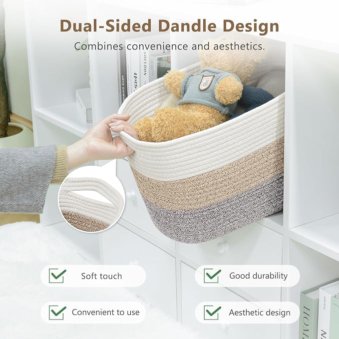 ECDYQXVU Cotton Rope Storage Basket, 15x10x9 Inches, Woven Basket for Shelves, Clothes, Towels, Books, and Laundry, White Brown (1 Pack) - Image 6