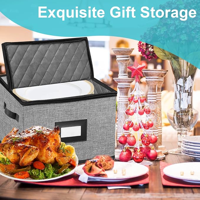 China Storage Containers-Quilted Dish Storage Containers with Lid Hard Shell for Moving Transport, Dinnerware Storage,Stackable Plate Storage,24 Felt Plate Dividers Included,2PACK 12*12*8in - Image 9
