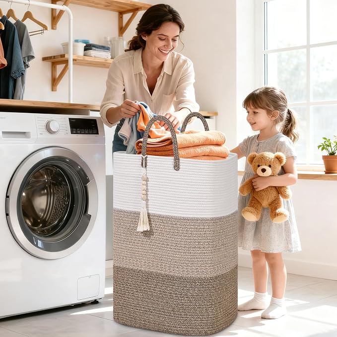 Woven Laundry Basket for Clothes,65 L Large Rectangle Laundry Hampers with Beads Tassel, Nursery Storage Basket for Toys, Tall Dirty Clothes Hamper for Bedroom Aesthetic, Laundry Room Organization - Image 2
