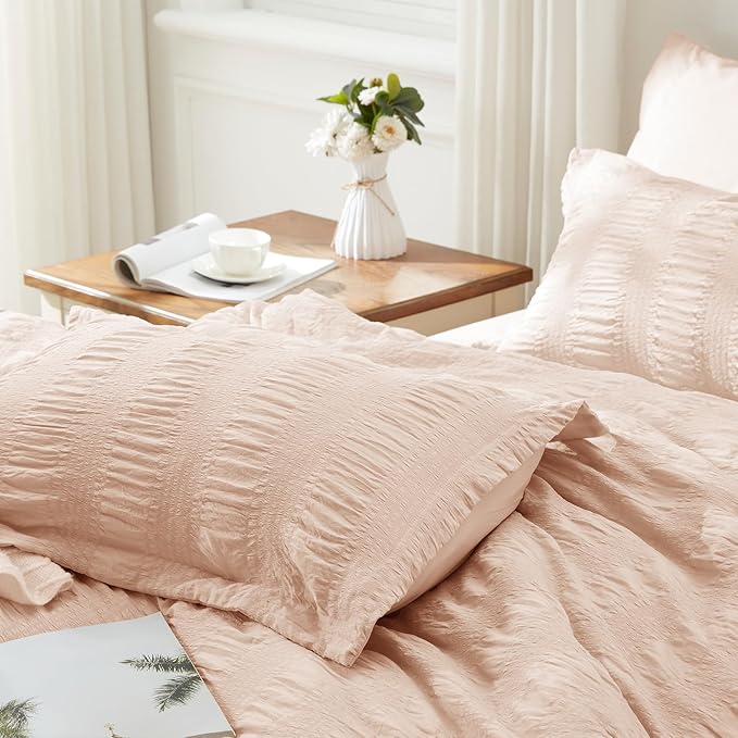 Zzlpp Queen Comforter Set 7 Pieces, Pink Seersucker Bed in a Bag with Comforter and Sheets, All Season Bedding Sets with 1 Comforter, 2 Pillow Shams, 2 Pillowcases, 1 Flat Sheet, 1 Fitted Sheet