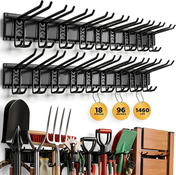 ELEAD 18-Pairs Heavy Duty Garage Tool Organizer Wall Mount Hooks, 96 Inches 1460 lbs Garden Tool Organizer with Adjustable Hooks for Garden, Yard, and Shed by ELEAD