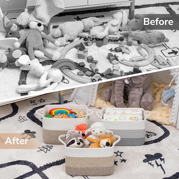 Goodpick Woven Storage Basket, 13"x10"x9" Cotton Rope Organizer for Dog Toys, Books, Stylish Gift Basket with Handles, Small Laundry Baskets for Shelves, Gradient Brown - Image 7