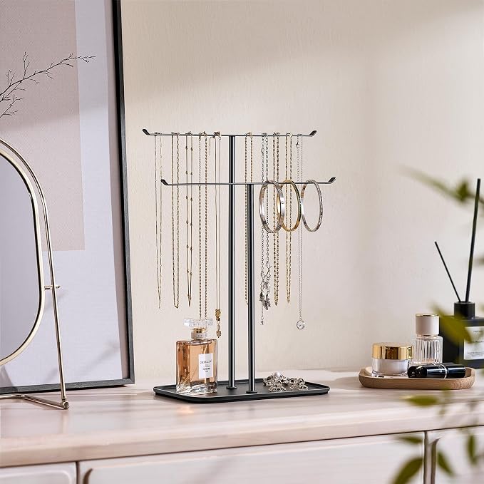 pickpiff Necklace Holder Jewelry Organizer Stand – 2‑Tier T‑Bar Jewelry Display Tree with Tray for Countertop Necklace Bracelet Earring Storage, Vanity Dresser Bathroom Sink, Black - Image 2