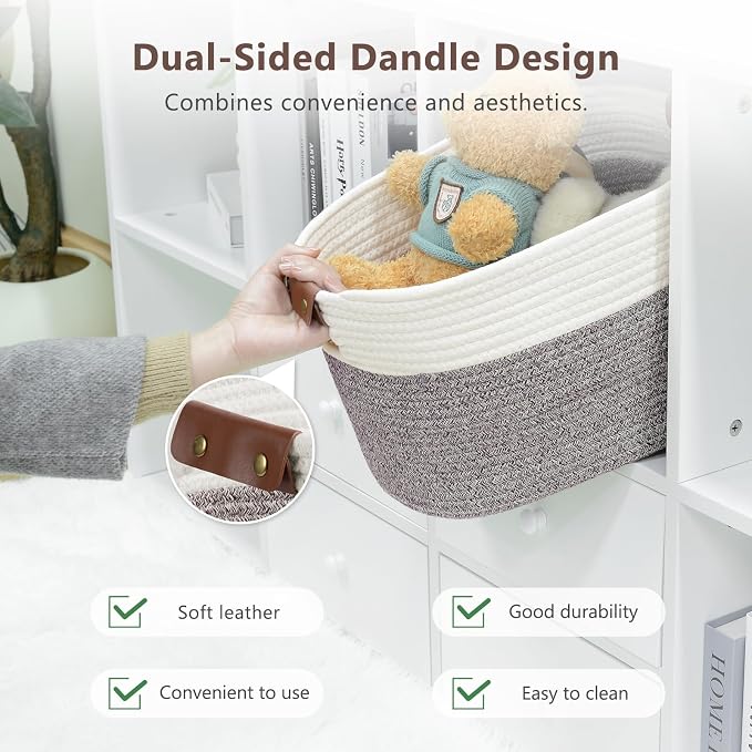 ECDYQXVU Cotton Rope Basket, Storage Baskets with Handle, 15x10x9 Inch Woven Basket for Shelves, Laundry, Towels, Clothes, Books (White Brown 1 Pack) - Image 5