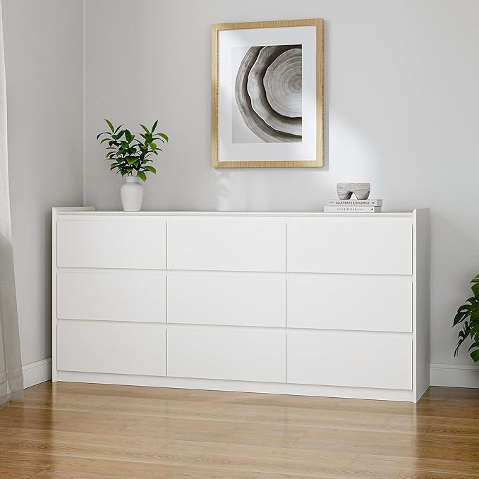 White Dresser for Bedroom, 62" Wide 9 Drawer Large Double Dresser, Modern Matte Wood High Capacity Chest with Anti-Tip Kit, Sturdy Storage Organizer for Master Bedroom & Family Room, Handle-Free