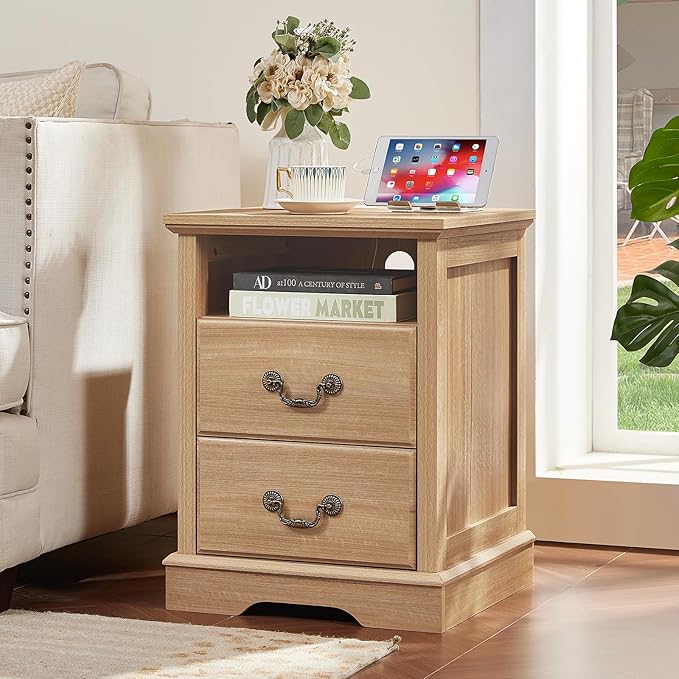 Farmhouse Dressers & Night Stand Set of 3,54" Wide 7 Drawer Dresser & 45" Tall Chest of Drawers, 18" Wide 2 Drawers End Table with Charging Station,Furniture Dresser Sets for Home,Natural