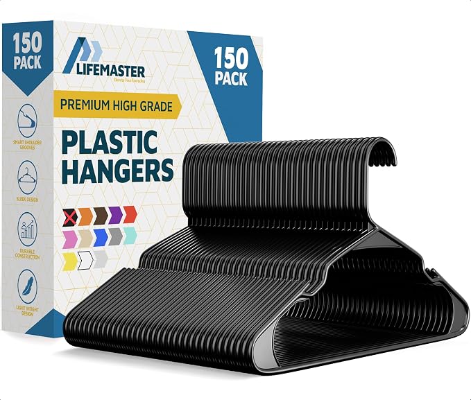 Plastic Clothes Hangers – Heavy Duty Hanger Set, for Organizing Clothes, Dresses, and Coats, Holds Up to 5 lbs, Space-Saving Hangers with Non-Slip Shoulder Grooves, Pack of 150, Black by LIFEMASTER