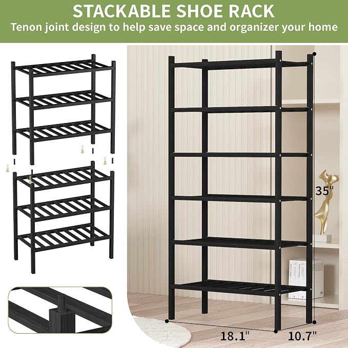 ROMGUAR CRAFT 6-Tier Bamboo Small Shoe Rack, Free Standing Wood Shoe Shelf Storage Organizer for Closet Entryway Stackable (Black) - Image 3
