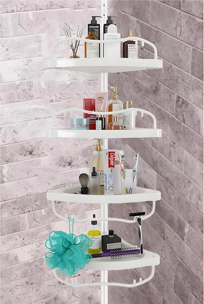 Shower Caddy Tension Pole with 4 ABS Baskets,Shower Storage Shelf with 56 to 125 Inch Adjustable Stainless Pole for Bathroom White by Sempicad