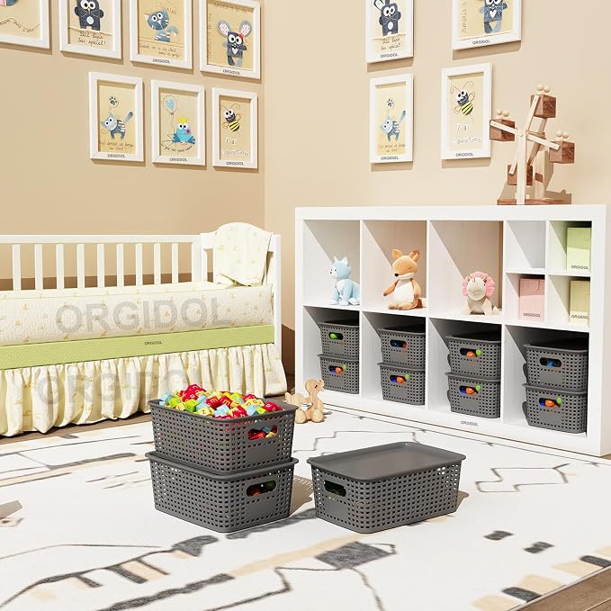 ORGIDOL Plastic Storage Basket with Lids 10 Pack Stackable Storage Bins Containers with Lid, Decorative Storage Boxes for Organizing Shelves, Drawers, Playroom, Classroom, Office, Closet, Grey - Image 3