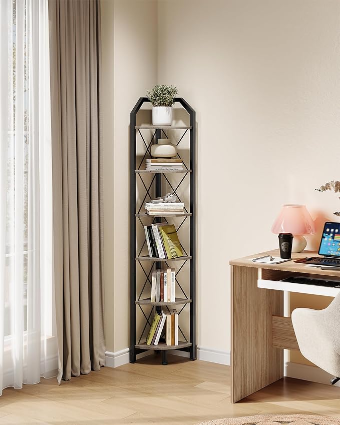 CHOEZON 6-Tier Corner Shelf, Industrial Corner Bookshelf, 71.2" Corner Storage Stand, Plant Stand Display Shelf, Corner Bookcase for Bedroom, Living Room, Home Office, Greige and Black TCJ11BG - Image 6