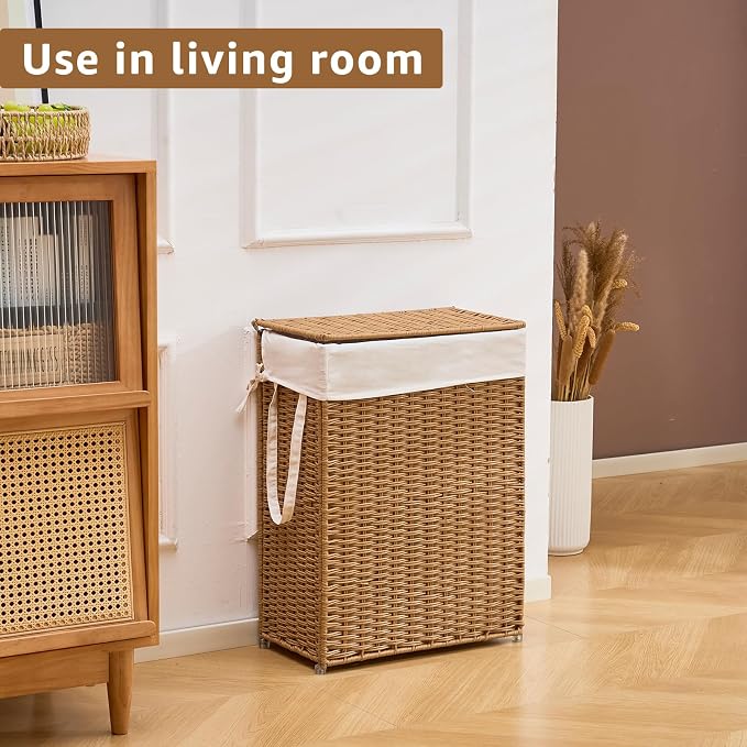 Slim Wicker Laundry Hamper with Lid, 55L Handwoven Rattan Basket with Handles, Narrow Laundry Basket with Removable Liner Bag & 2 Mesh Bags - Image 6