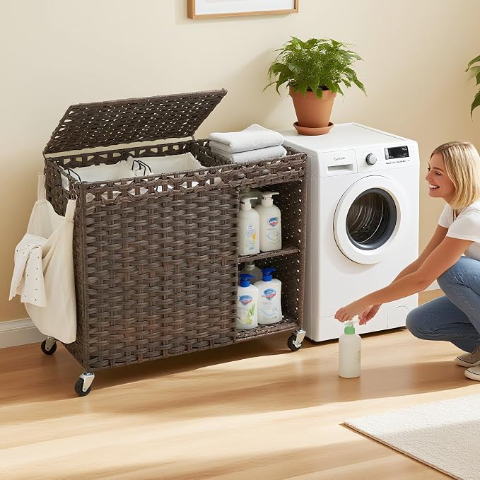 Laundry Hamper with Lid, 160L Rattan Wicker Laundry Basket with Wheels, Handwoven Laundry Hamper 2-Section with Storage shelf(42.3 Gal), Laundry Sorter Basket with Removable Liner, Brown HLH032BR - Image 3