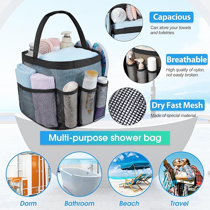 Attmu Mesh Shower Caddy Portable for College Dorm Room Camping Essentials, Shower Caddy Dorm with 9-Pockets, Large Capacity Hanging Basket Bathroom Bag for Toiletry, Swimming, Gym, Camp, Beach - Image 2
