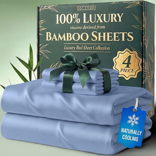 DECOLURE 100% Viscose Derived from Bamboo Sheets Twin Size - Luxury 4 Pc Naturally Cooling Sheets, Ultra Soft Bed Set - Deep 17" Pockets, Durable Double Stitching, Oeko Tex Standard (Light Blue)