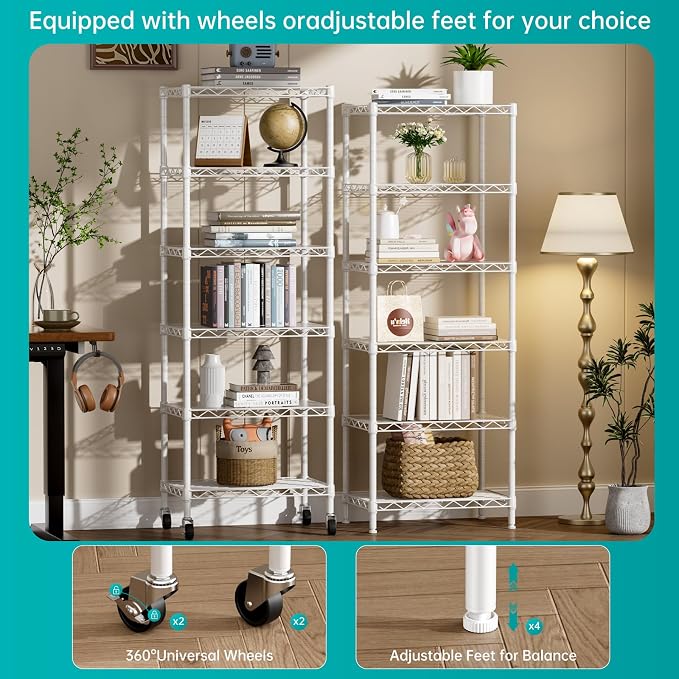 SINGAYE 6 Small Shelf Storage Wire Shelves Closet Bathroom Organizers Metal Pantry Kitchen Garage Shelving Unit Laundry Room Organization Home Narrow Rack Net Basket with Wheels White - Image 7
