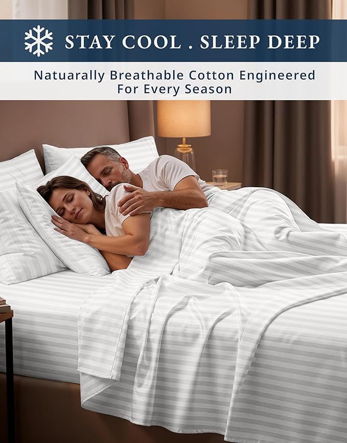 LANE LINEN Striped Sheets Set - 100% Egyptian Cotton 4 Piece Bed for King Size Hotel Bedding & Pillowcases 16" Deep Pocket (Fits Upto 17" Mattress) White