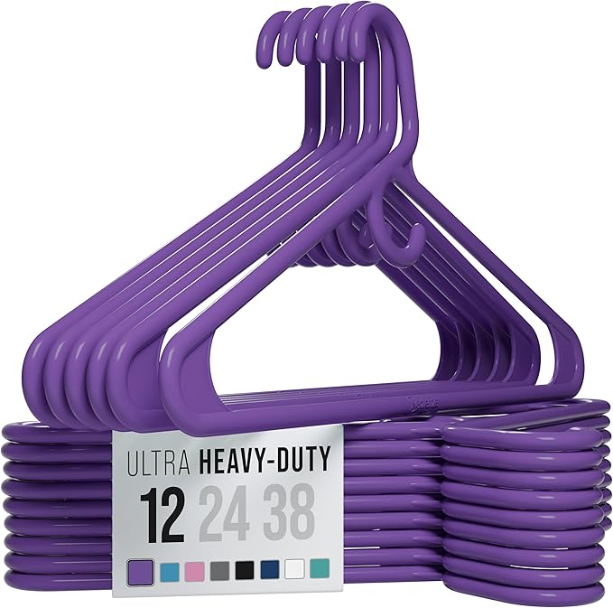 NEATERIZE Thick Heavy Duty Hangers - Purple Plastic Clothes Hangers 12 Pack - Great for Coat Hanger, Jackets Jeans & Suit Hanger for Closet, New Apartment Essentials Percheros Ganchos para Colgar Ropa by Neaterize