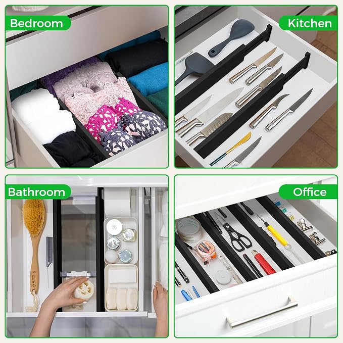 4 Pack Bamboo Kitchen Drawer Dividers 2.6" High, Adjustable from 12 Inch to 17 Inch Drawer Organizers, Expandable Drawer Separators for Clothes, Bedroom, Dresser, Office (Black) - Image 4