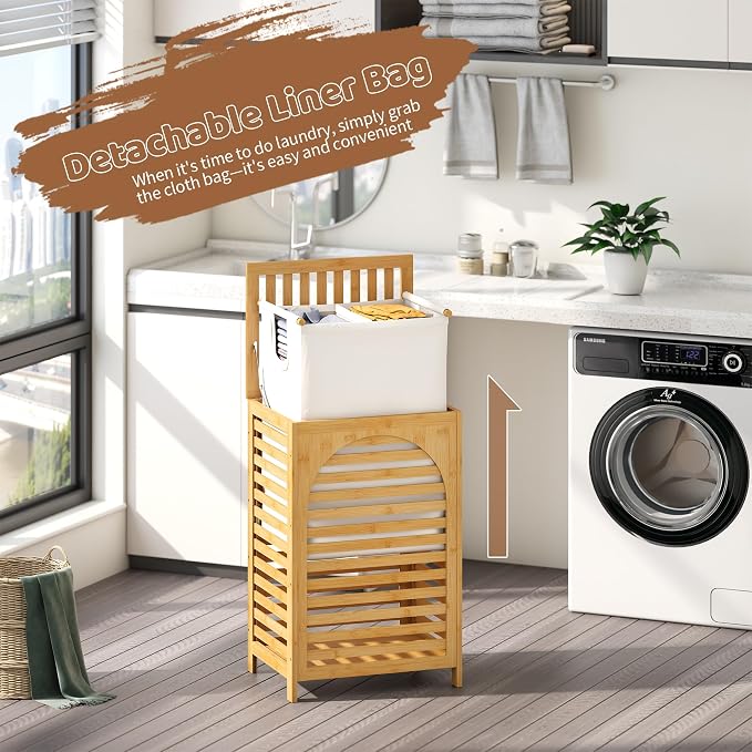 FILWH Laundry Hamper with Lid (16.9 * 13 * 26.5inches) Large Bamboo Laundry Bin Basket 85L Clothes Hamper with 1 Removable Bag Storage baskets for Bathroom(Natural) - Image 7