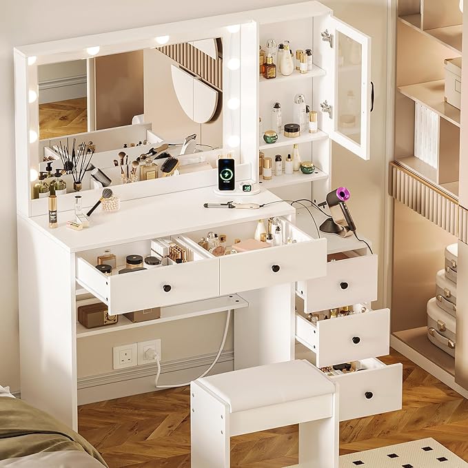 UGTOO White Vanity Table with Drawer Dresser, Farmhouse Vanity Makeup Desk with Charging Station, Vanity Desk with Lights Mirror & Drawers for Makeup, Vanity Desk with Storage Shelf & 5 Drawers