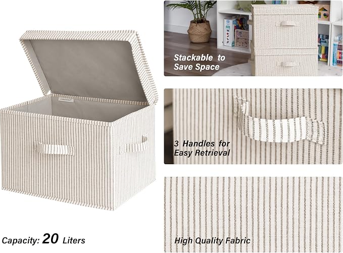 StorageWorks Fabric Storage Bins with Lid, Decorative Storage Boxes for Shelves, Stackable Closet Organizer Basket with Handles, Large, Khaki and Beige Stripes, 2-Pack - Image 3