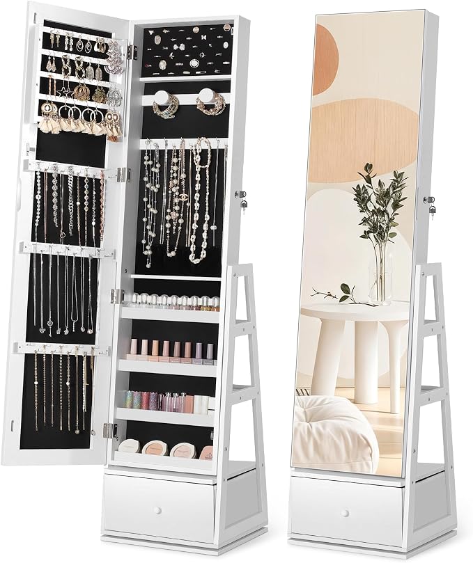 Nicetree 360°Swivel Jewelry Cabinet, Rotatable Full Length Mirror with Jewelry Storage, Standing Jewelry Armoire Organizer, Lockable Jewelry Organizer with 3 Rear Shelves, Bottom Drawer, Pure White by Nicetree