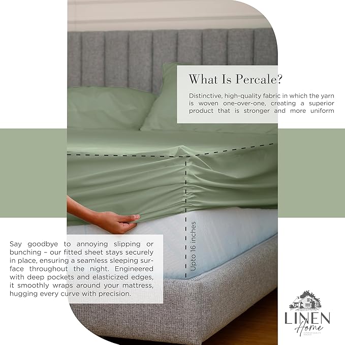 Linen Home 100% Cotton Percale Sheets King Size, 4-Piece Set - Crisp, Soft, Cool & Breathable, Deep Pocket Fits 16" Mattress, Long-Staple Combed Cotton, Hotel Style, Oil Green
