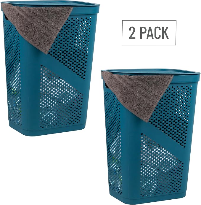 Mind Reader 60L Slim Laundry Hamper, Clothes Basket, Lid, Ventilated, Plastic, Set of 2, Blue - Image 7