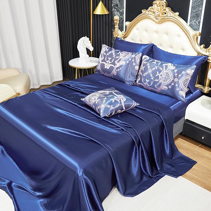 Bedding_Dreamer Blue Comforter Set Satin Sheet Set Jacquard King Bedding Set 8 Pcs Vintage Neoclassical Floral Bed Home Decor Soft Comforter Luxury Hotel Silky Bed in a Bag with 1 Cushion Cover