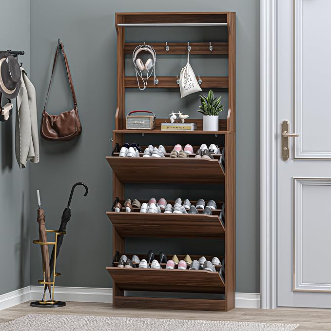 BORNOON Shoe Cabinet with 3 Flip Drawers & Coat Rack, Narrow Hidden Shoe Storage Cabinet, 2-in-1 Hall Tree Slim Freestanding Shoe Rack Organizer for Entryway, Hallway, and Living Room - Image 7