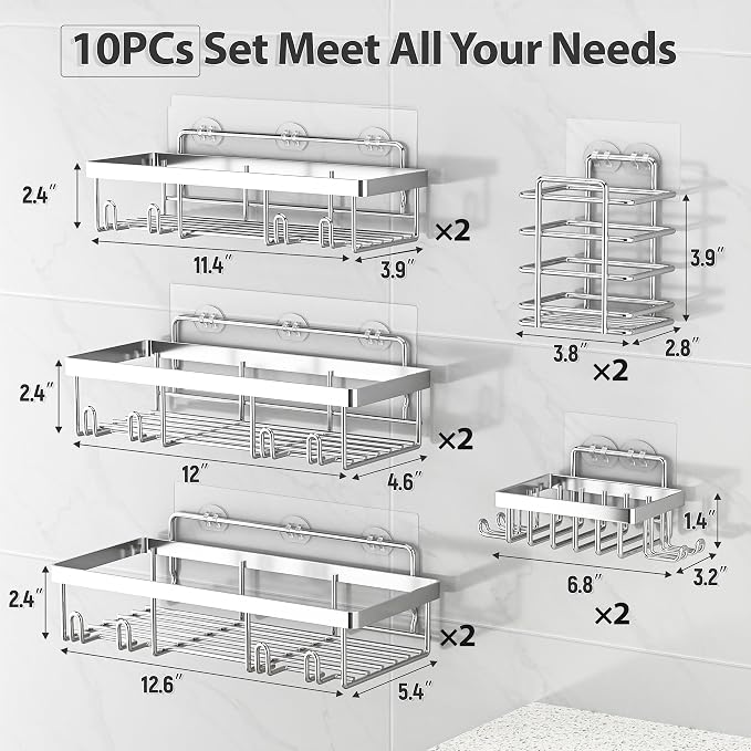 Liuoud 10 Pack Shower Caddy Organizer Rack Shelf for Inside Shower, Self Adhesive Wall Storage Basket Rustproof Stainless Steel Shampoo Holder Bathroom Accessory Decor Set, Silver - Image 2