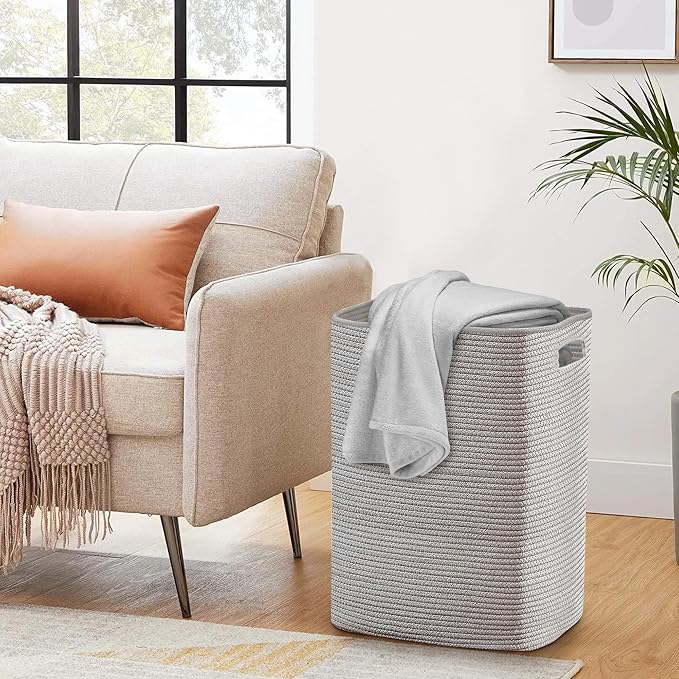 MEGASKET Large Laundry Hamper 16"x13"x22" - Tall Woven Laundry Basket, Cotton Rope Dirty Clothes Hamper, Baby Kids Nursery Wicker Laundry Basket, Bedroom Aesthetic, Soft Laundry Bin, Gray Hamper, 75L - Image 6