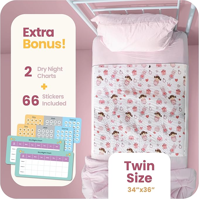 IMPROVIA® Pee Pads for Kids - Bed wetting Pads for Kids Potty Training Bed mats for Toddlers Waterproof Reuseable Washable Absorbent, Non Slip - Doll Design - Twin Size 34”x36 (2 Pack)
