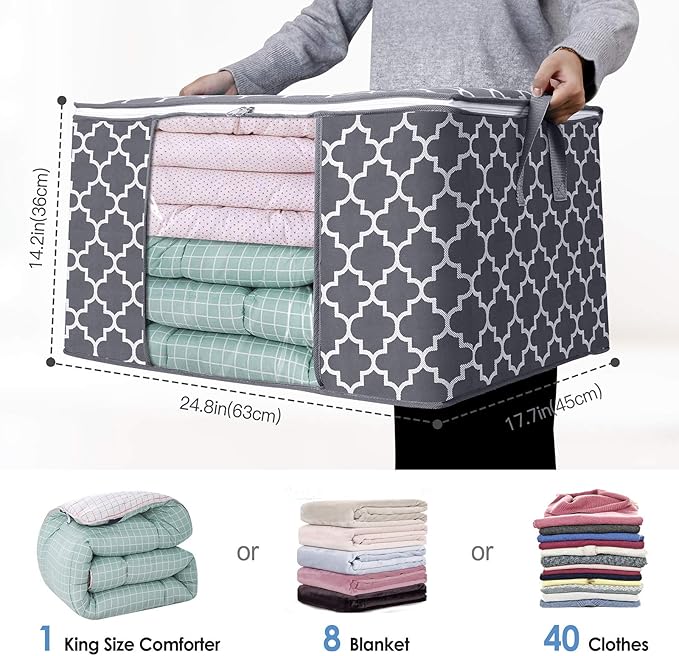 WISELIFE Storage Bags, Large Blanket Clothes Organization and Storage Containers for Bedding, Comforters, Foldable Organizer with Reinforced Handle, Clear Window,Sturdy Zippers,(Grey, 4 x 100L)