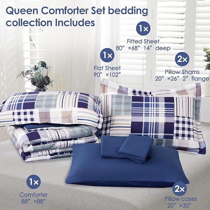 Comforter Set Queen Size Plaid Patchwork Comforter Bedding-7 Piece Bed in a Bag,Soft Fluffy Reversible Microfiber Bedding Set(1 Comforter,1 Flat Sheet,1 Fitted Sheet,2 Pillowcases,2 Pillow Shams),Navy