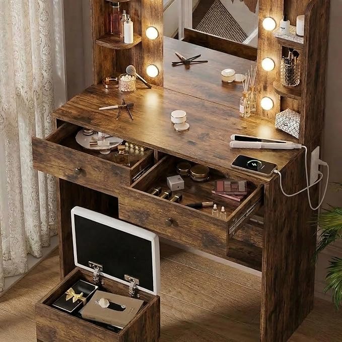 Haewon Vanity Desk with Mirror and Lights, Makeup Vanity with 10 LED Bulbs and 3 Color Modes, Dressing Table Set with Power Outlets, Storage Drawers and Chair for Bedroom, Vintage Brown