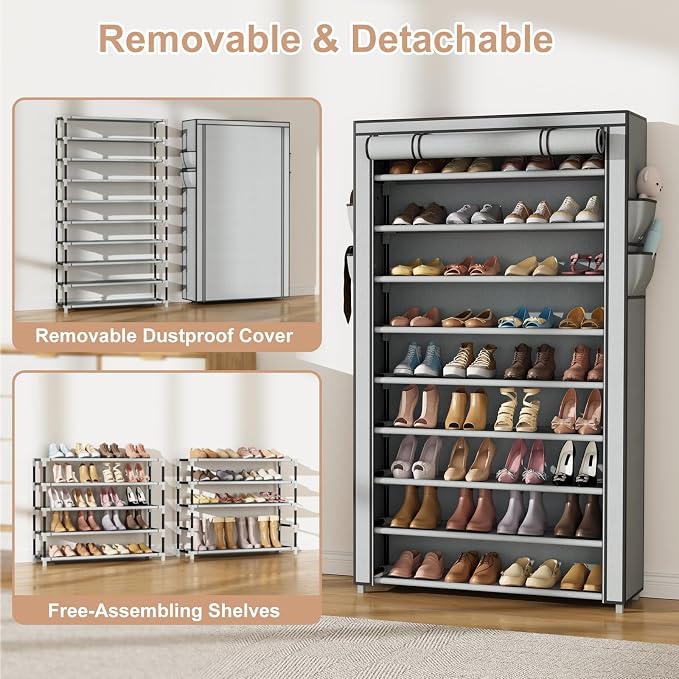VILICK Shoe Rack with Cover Narrow Shoe Organizer with Pockets 10 Tier Tall Shoe Storage Holds 36-41 Pairs Shoes and Boots Shoe Rack for Closet Entryway Garage, Grey - Image 6