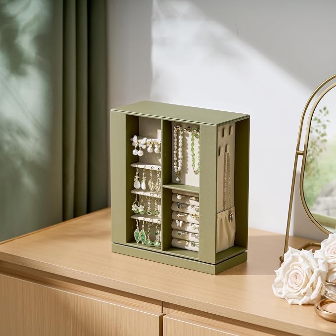 pickpiff Jewelry Box Organizer for Women: 360 Rotating Vertical Storage Case, Black Leather with Blush Velvet, Ring Necklace Bracelet Holder, Gift Decor, 10 x 8.7 x 3.9 in - Image 9