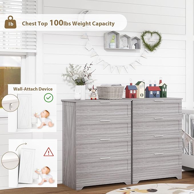 FTZxHKLX Farmhouse 4 Drawer Dresser for Bedroom, Tall Bedroom Dresser with Large Drawer & Silver Handles, Wooden Storage Organizer Cabinet Chest of Drawer for Closet, Living Room, Hallway, Wash Grey