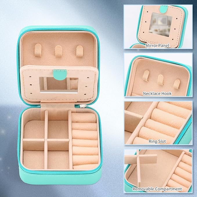 Neveika Jewelry Box with Mirror,Small Jewelry Organizer Box，Travel Jewelry Case for Women，Gift Jewelry Boxes for Female Girls (2pcs mirror blue) - Image 3