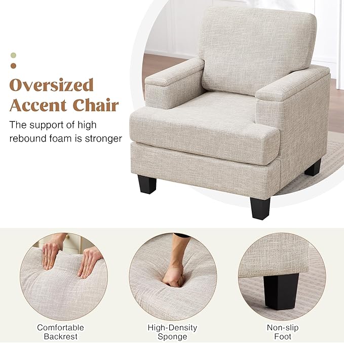 Beige Accent Chair with Armrest Storage, Modern Upholstered Reading Living Room Chairs, Comfy Large Armchair, Fabric Single Sofa Chair for Bedroom